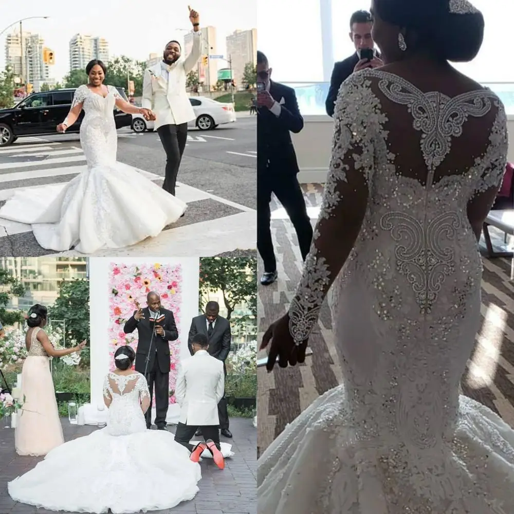 

Luxury Sparkly Mermaid Wedding Dresses Plus Size Sheer Long Sleeves Crystal South African Wedding Gowns Custom Made