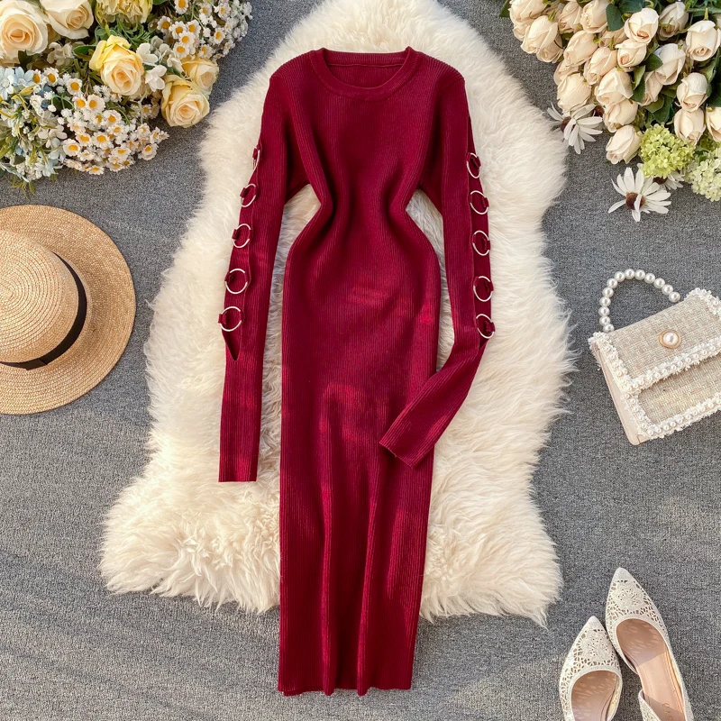 HISUMA весна-осень новинка женское вязаное платье-футляр с круглым вырезом и