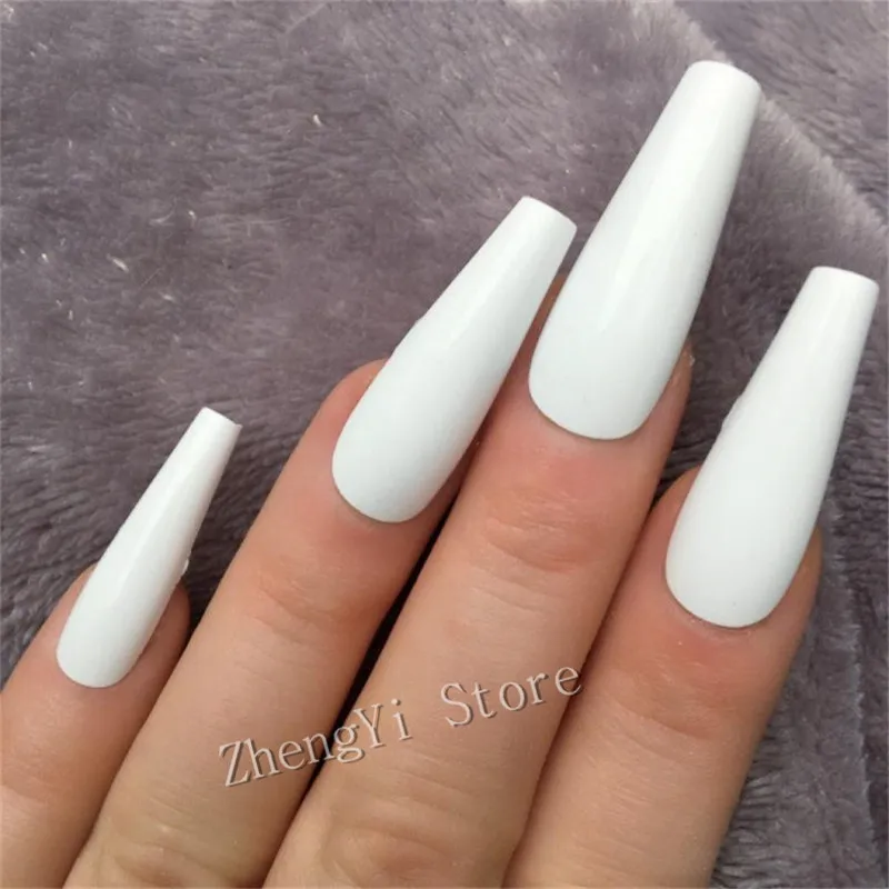 

Extra Long White Fake Nails Coffin Plastics Glossy Press On Nails False Impress Artificial Nepnagels Full Cover Tips Faux Ongles