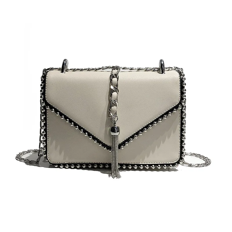 

2020 Spring New Women's Bag Korean Rivet Chain Small Square Bag Fashion Wild Tassel Handbag Shoulder Messenger Bag B916