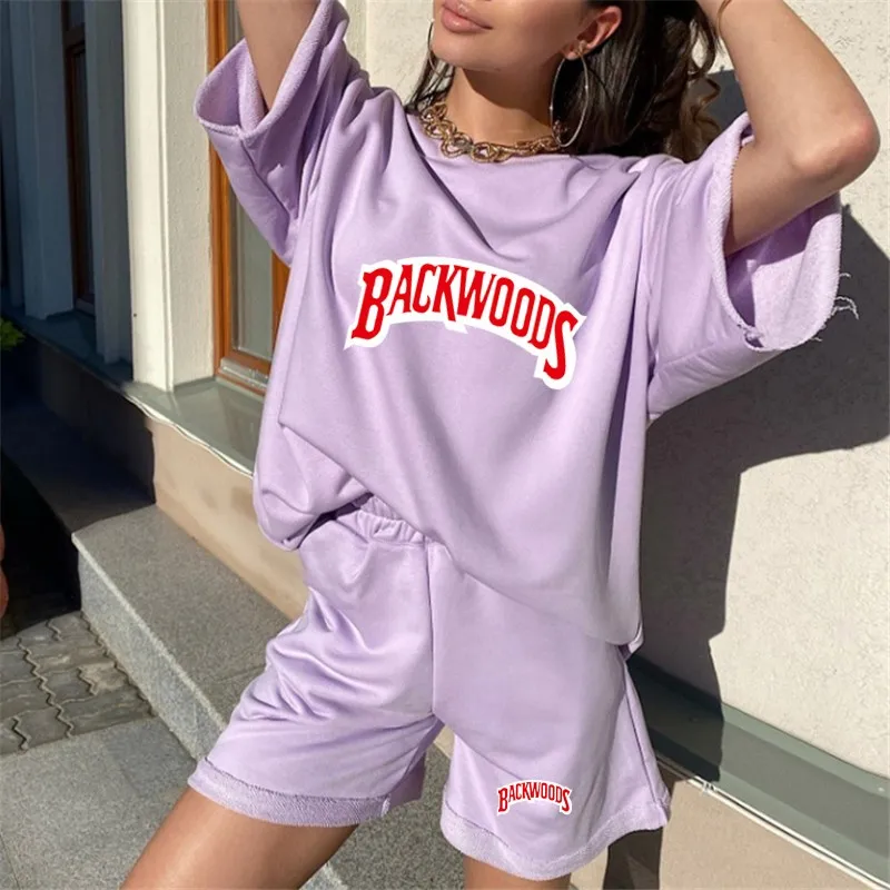 

Women's Casual Sports Suit Summer Fashion Solid Color printing Short Sleeve T-shirt and Shorts 2 Pieces Set Tracksuit Outfits