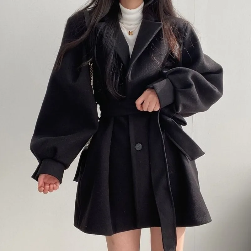 

Women Solid Wool Blend Coat Slim Fit Belt Coats Female Warm Plus Cotton Thicker V-neck Office Lady Elegant Trendy Button Outwear