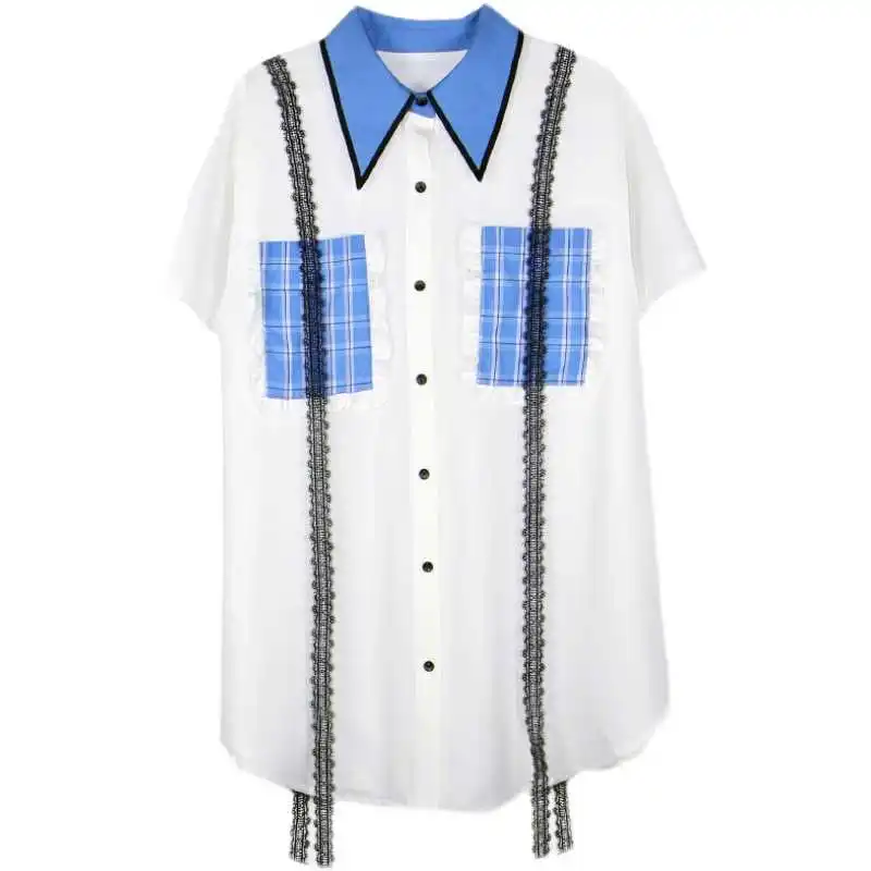 

LANMREM Women's Blouse Lace Contrast Pocket Stand Collar Short Sleeve Ladies' Tunic Long Shirts Summer 2021 New Arrival 2K1805