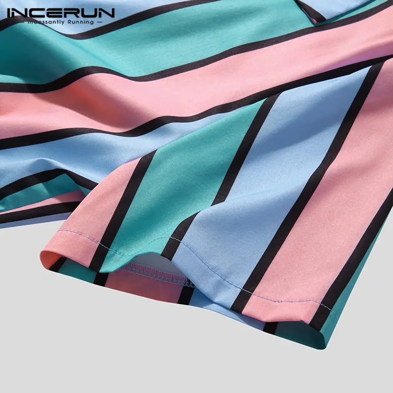 

Men Colorful Striped Shirts Short Sleeve Turn Down Collar Chemise Summer Man Cozy Loose Buttons Blusas Streetwear S-3XL INCERUN