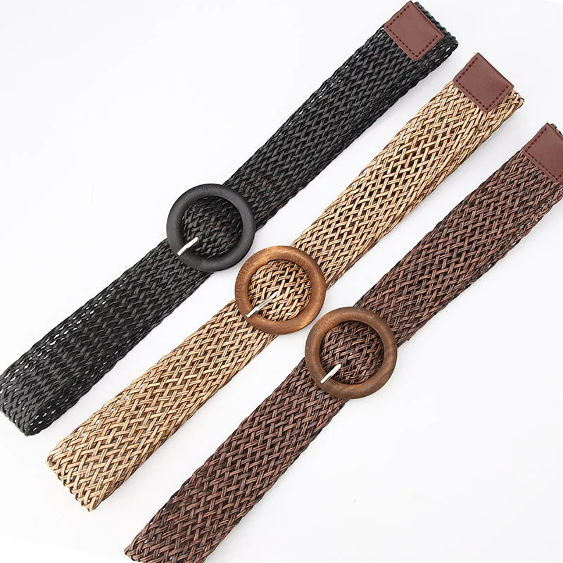 

Summer Boho Belts For Women Vintage Boho Braided Waist Belt Black Coffee Female Wide Belt Round Wooden Smooth Buckle Fake Straw