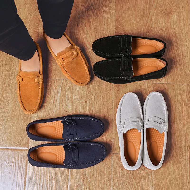 Мокасины мужские замшевые туфли на плоской подошве без застежки лоферы