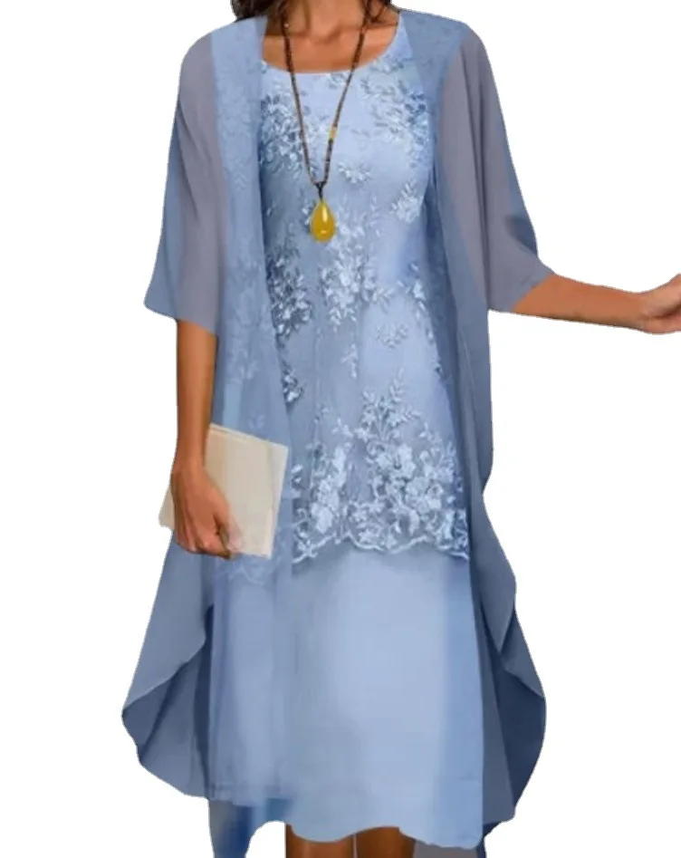 

Women's 2 Piece Dress Set Spring and Autumn New Fashion Elegant Lace Chiffon Dress Two-piece Set