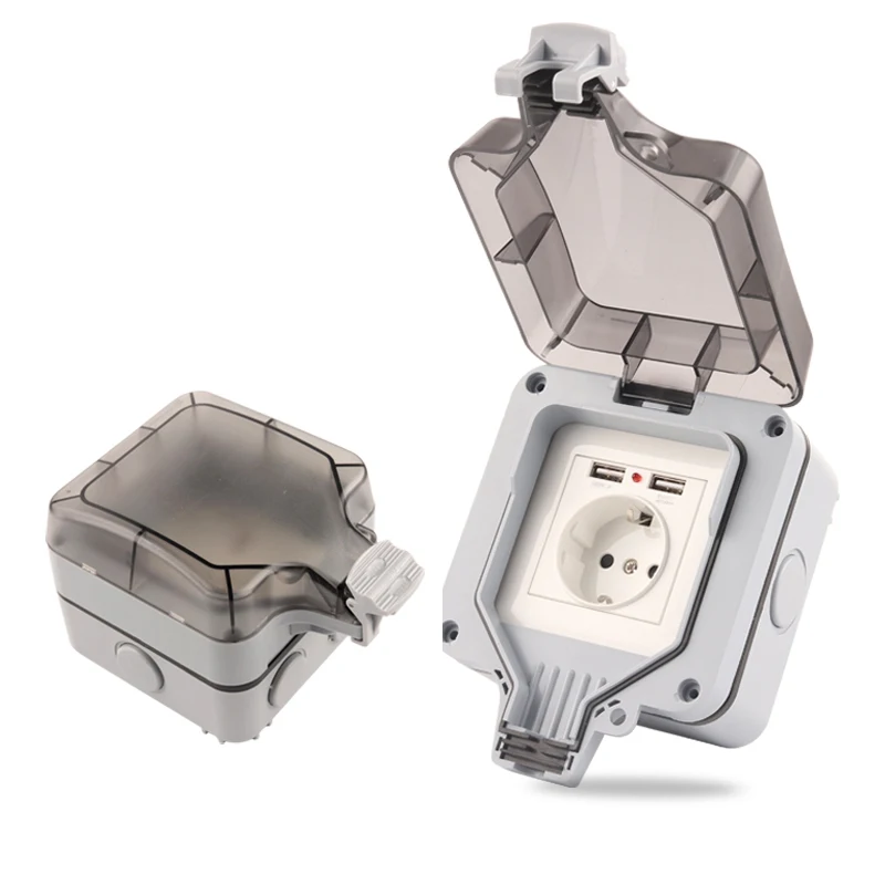 

Outdoor Socket Ip66 Waterproof Case EU Plug Wall Power Socket Box USB Charging Port For Garden Workshop Home