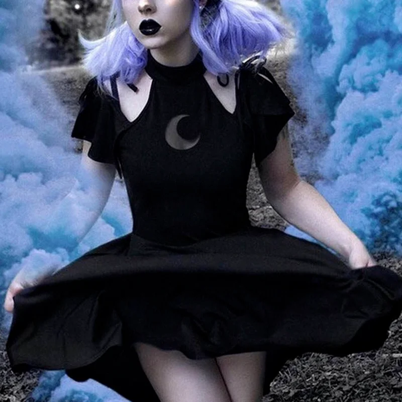

Sexy Goth Dark Clothes Front Hollow Sexy Mesh Crescent Moon Dress Cold Shoulder Sukienka High Waist Dress A Line Draped Women