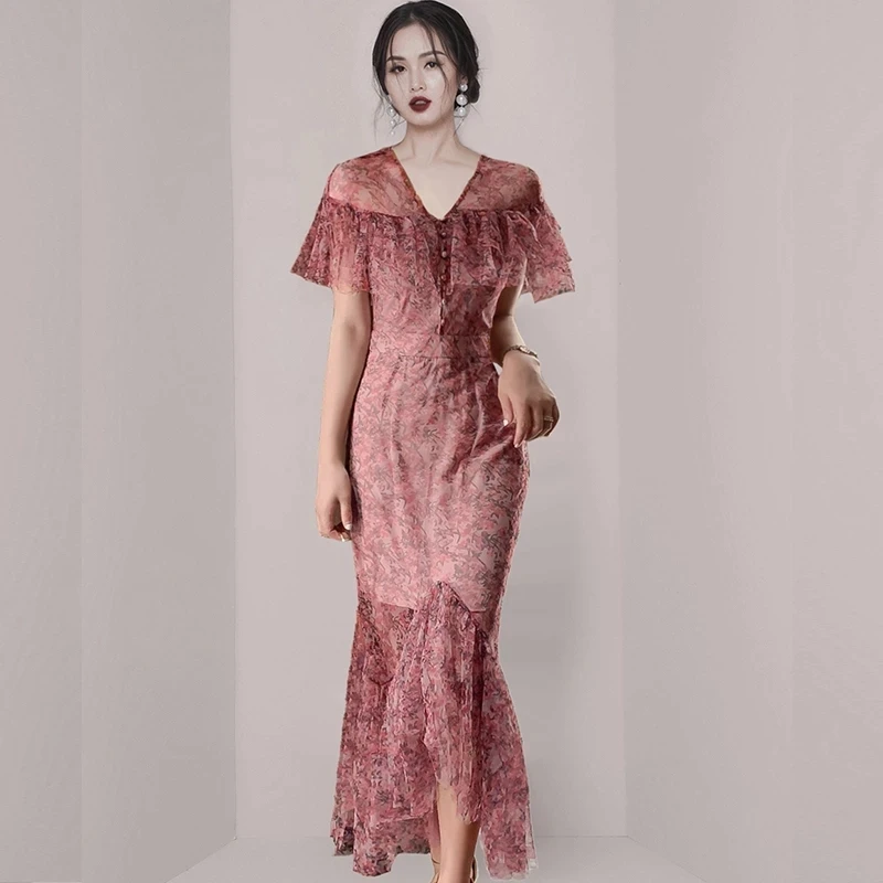 

French Style Romantic Street Print Floral Dress Woman Short Sleeve Ruffle Mermaid Dress Ladies 2021 New Summer Clothes For Women