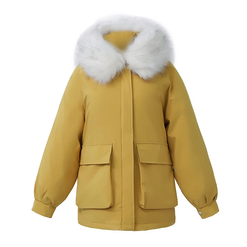 

Leiouna Casual Fashion Autumn Faux Fur Women's Korean Cotton Hood Jacket Red Big Hair Collar Short Winter Warm Jacket
