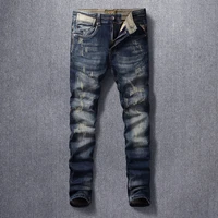 italian style fashion men jeans high quality retro black blue slim fit distressed ripped jeans men vintage designer denim pants