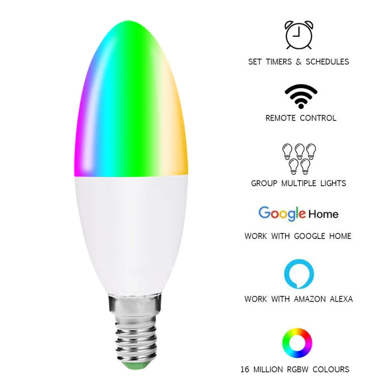 

Умная Светодиодная лампа в форме свечи, RGB, Wi-Fi, E27, E14, B22, совместима с Alexa, Google Home