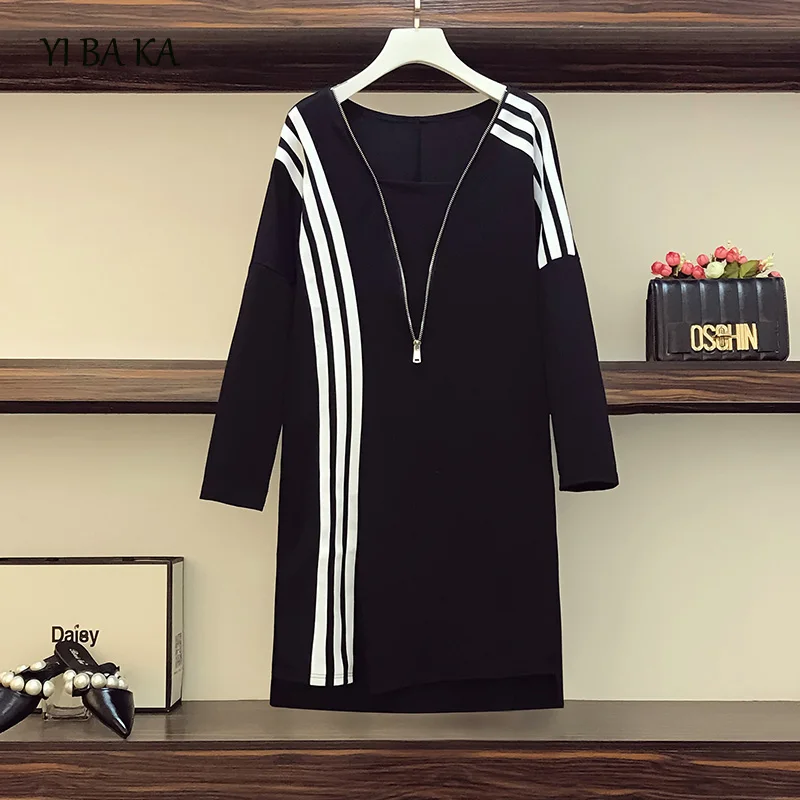 

Размера плюс женское Спортивное платье vestido mujer осень 2021 Длинные рукава с v-образным вырезом в полоску, на молнии, в винтажном стиле, Модные По...