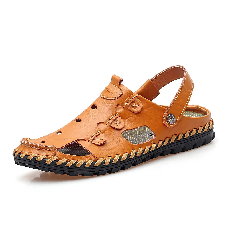 

2021 New Men Hollow Out Beach Shoes Casual Walking Shoes Breathable Wearproof Two Ways to Wear Men's Slippers PU Cool Men Sandal
