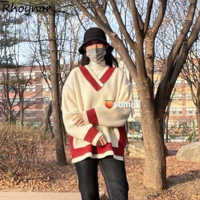 

Sweaters Women Knitted Korean Style V-neck Trendy High Street Long Sleeve Pullovers Retro Loose Lazy Casual Clothing Preppy Chic