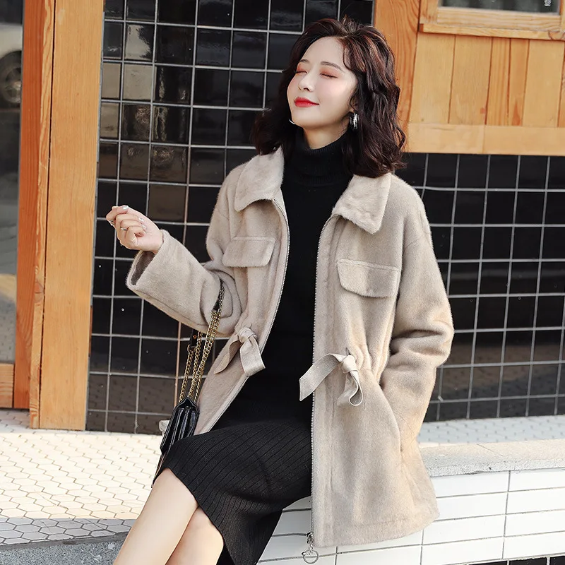Trendy Imitation Mink Velvet Leopard Winter Coats Women Rabbit Fur Bow Belts Overcoats Vintage Turn-down Collar Female Outwear