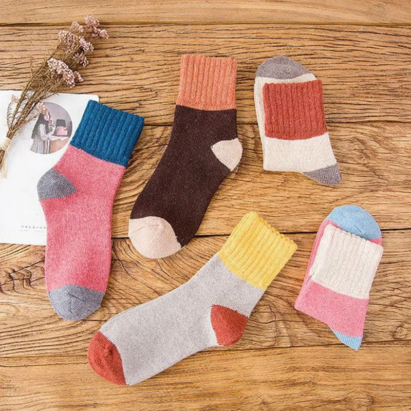 New Winter Women's Thickened Warm Harajuku Retro Solid Color Wear-Resistant Fashion Casual Wool Socks 5 Pair
