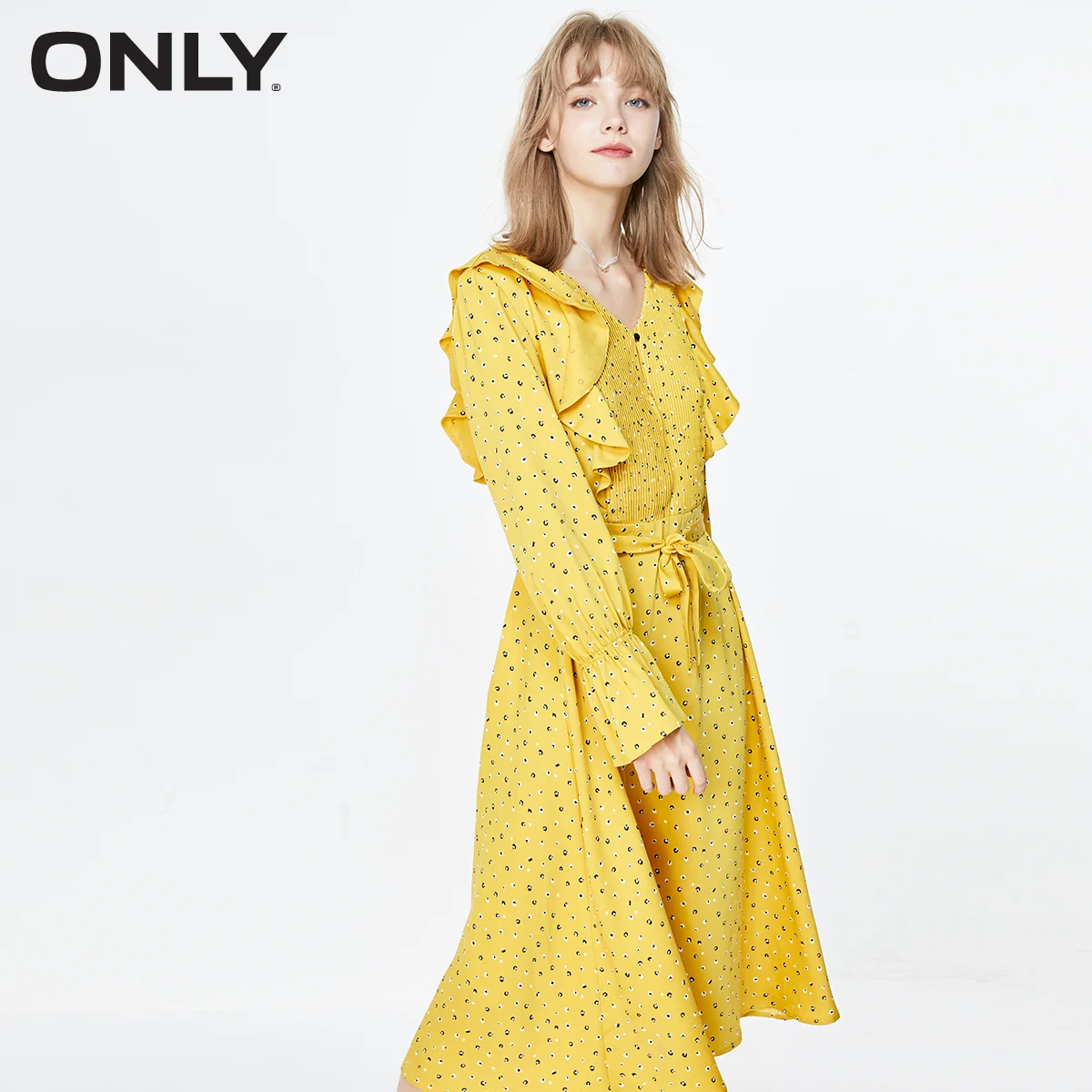 Только осеннее шифоновое платье с оборками на талии | 119307627 - Цвет: BIRDY AOP Lemon