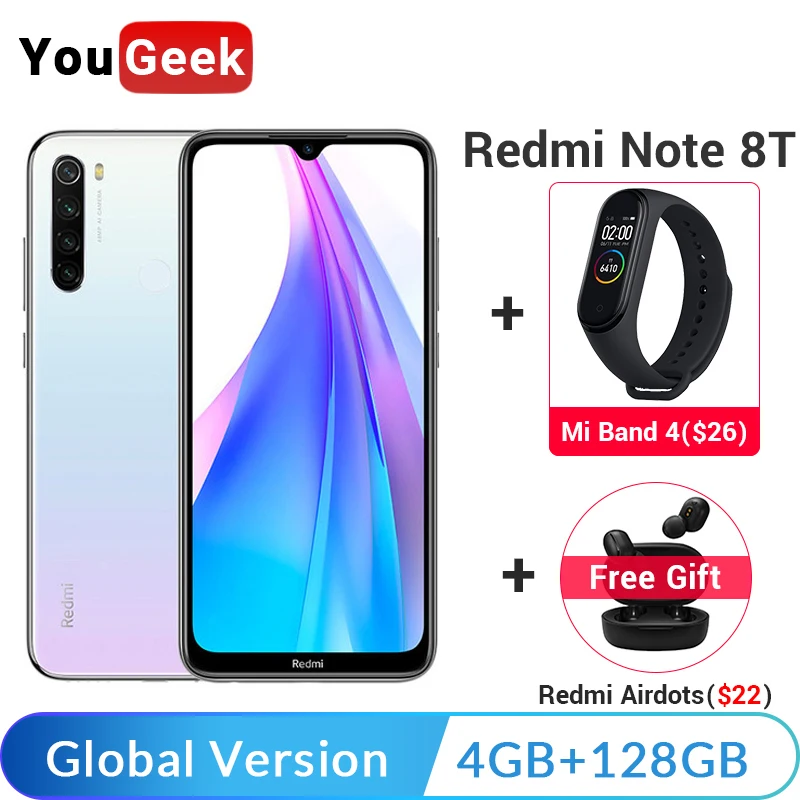 Xiaomi Redmi Note 8T смартфон с восьмиядерным процессором Snapdragon 665 ОЗУ 4 Гб ПЗУ 128 ГБ 48 МП 4000