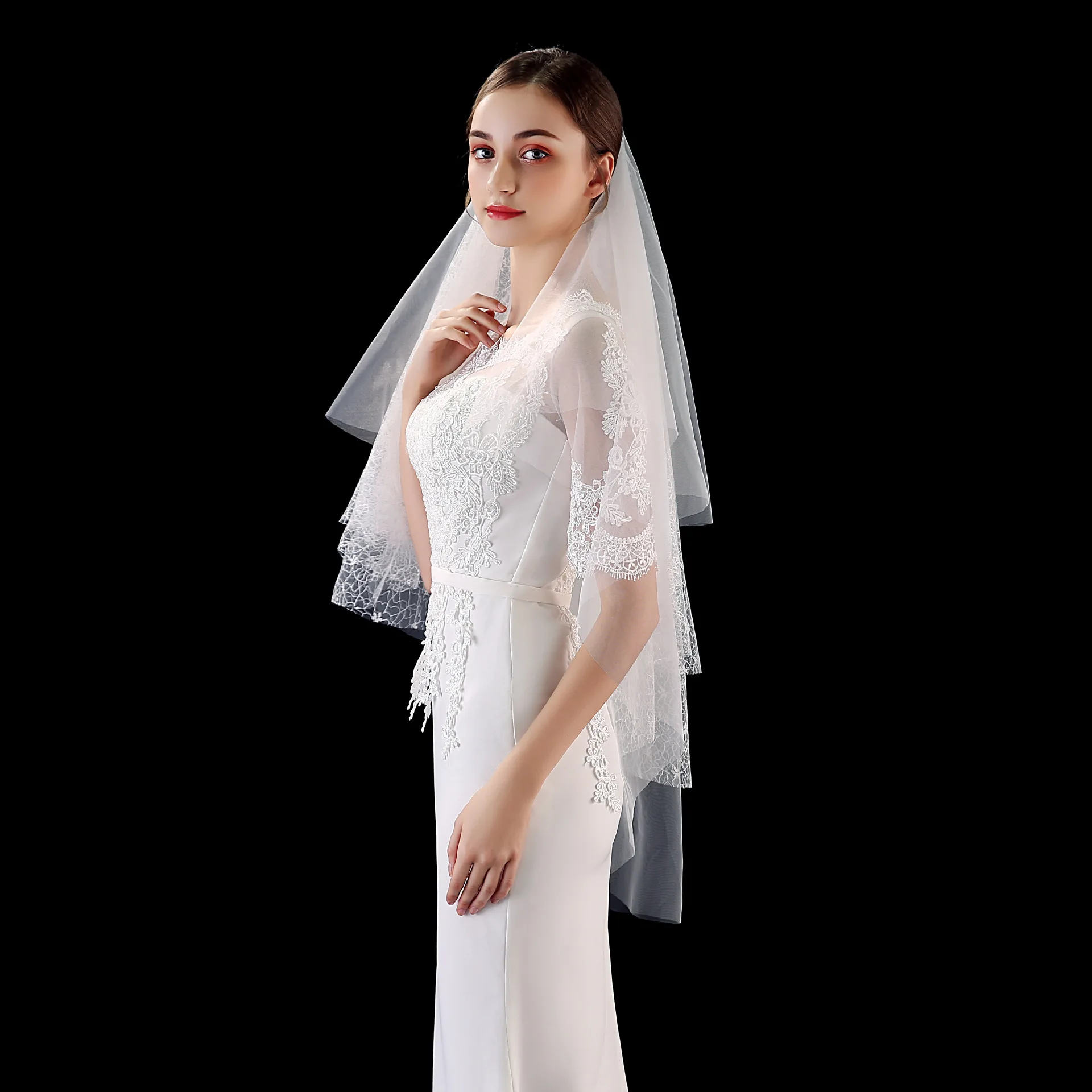 Beautiful 1Meters 4 Layer Flower Lace and tull Short Wedding Veil with Comb Bridal Accessories velos de novia | Свадьбы и торжества