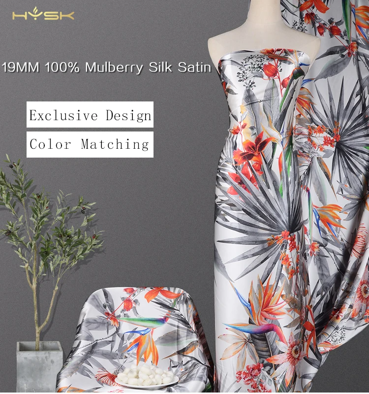 

HYSK натуральный ткань Шармез Шелковый цветок листья принт летнее богемное Дубай шелк швейная Ширина 44 дюйма для платье-Кафтан E2540