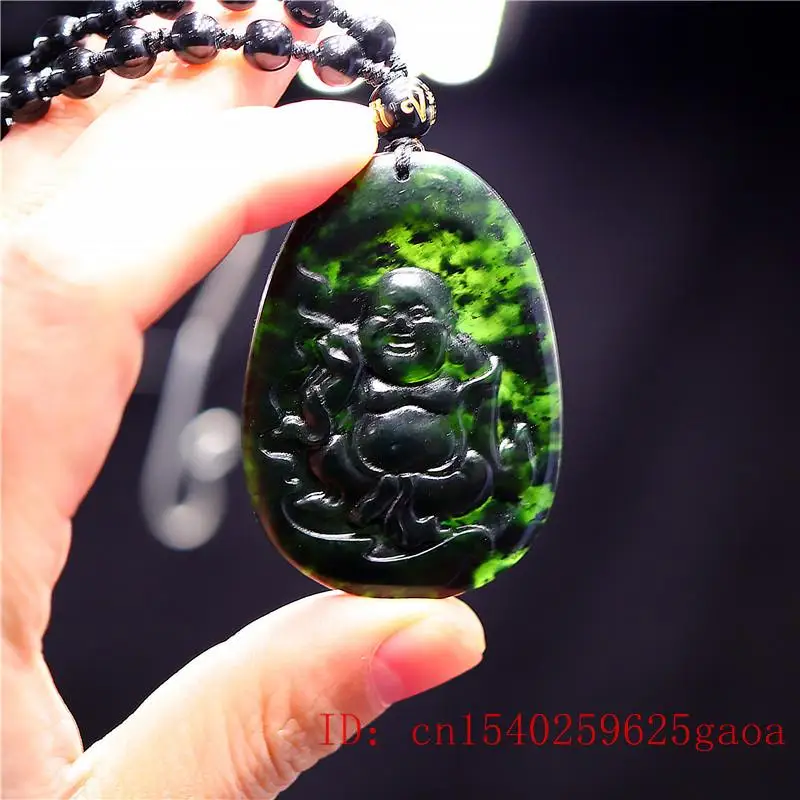 

Jade Maitreya Pendant Necklace Carved Amulet Chinese Jewellery Gifts Fashion Charm Buddha Black Green Natural