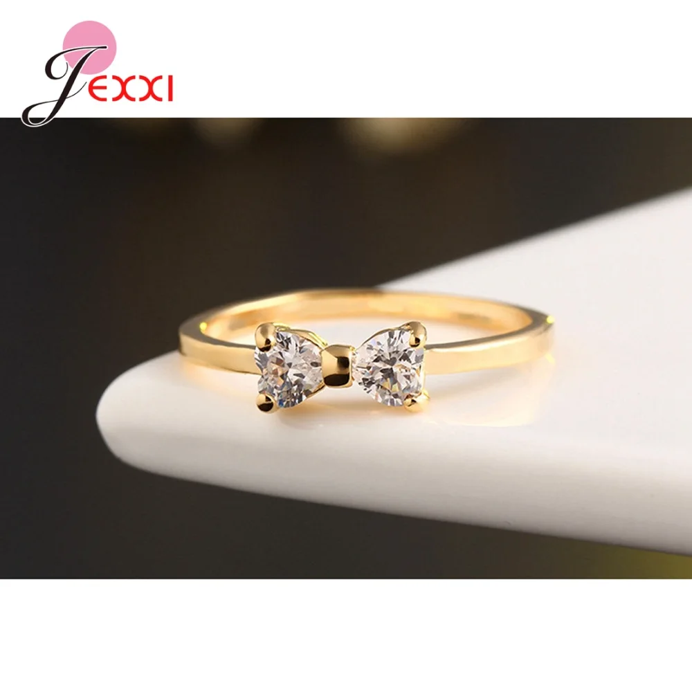 

High Quality Simple Design Bow-knot Shape Finger Rings For Women/Girls 925 Sterling Silver Jewelry Gift Sweet Rings Gold Color