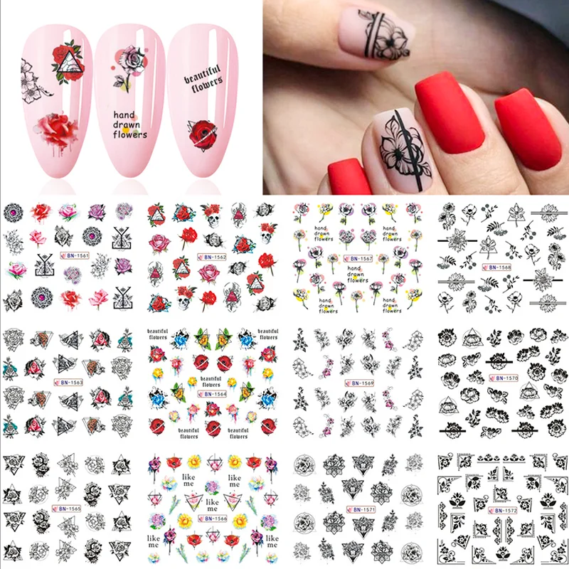 

Nail Stickers Water Transfer Colorful Art Flowers Designs 12Pcs/Set Nail Decal Decoration Tips For Beauty Salons