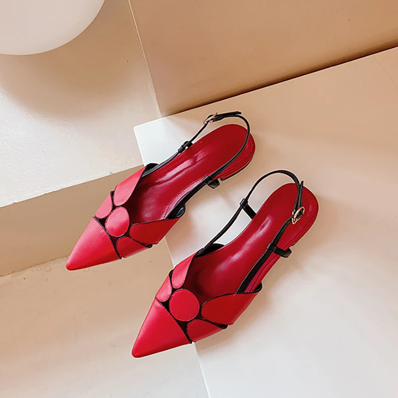 

Slingback Low Heels Pumps Cutouts Women Shoes Pointed Toe Buckle Footwear Ladies Summer Party Shoes Female Red Beige