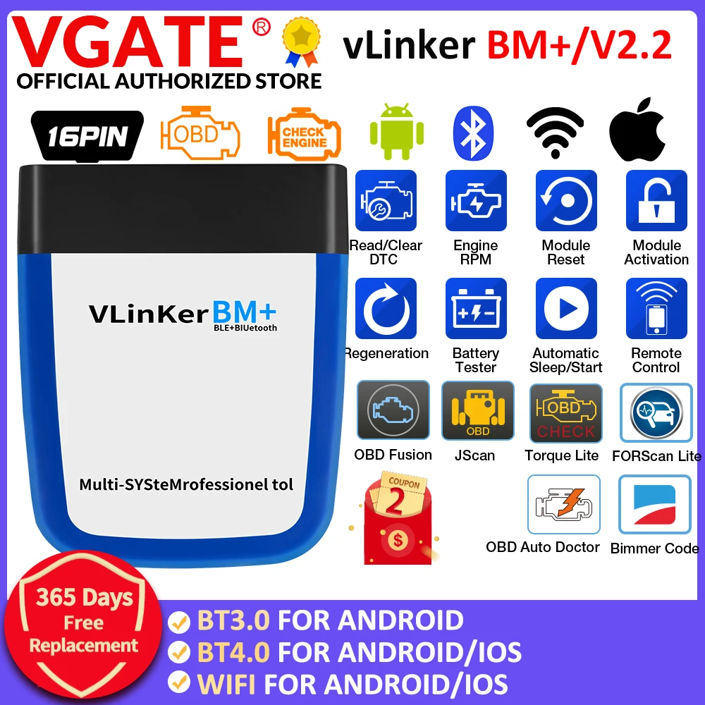 

OBD2 Vgate vLinker BM+ ELM327 V2.2 For BMW Scanner Bluetooth-compatible 4.0 wifi Car Diagnostic Auto Tool Bimmercode PK ELM 327