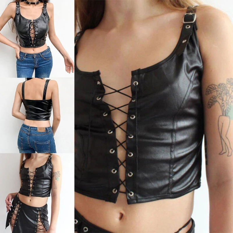 

Women Gothic Punk Faux Leather Black Tank Top Buckle Strap Sleeveless Camisole Harajuku Lace-Up Slim Corset Crop Top