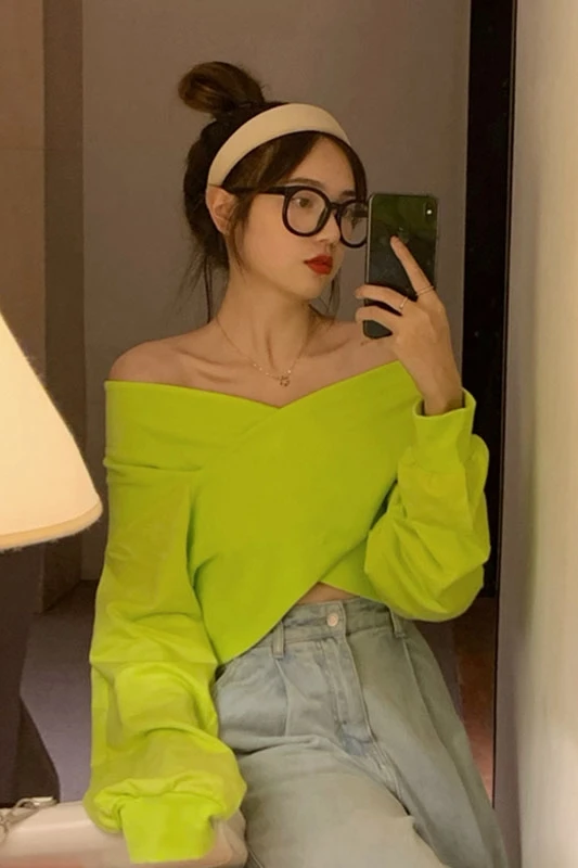

LY VAREY LIN 2020 New Autumn Women Sexy Cross Slash Neck Solid Crop Tops Long Sleeve Backless Off Shoulder Club Ladies Tops