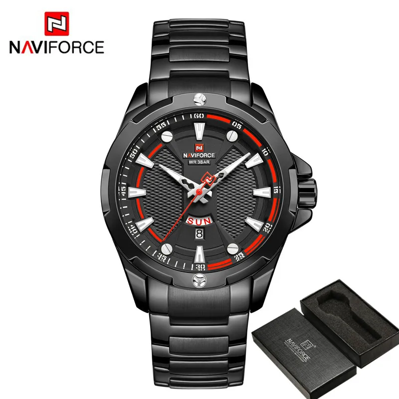 NA916104 with box NAVIFORCE мужские наручные часы водонепроницаемые деловые мужские часы серебряные из нержавеющей стали спортивные военные Дата Неделя кварцевые мужские часы 9161 - Цвет: NA916104 with box