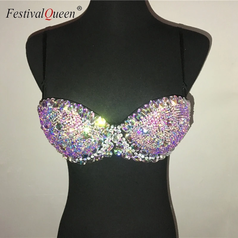 Женский блестящий топ бикини с драгоценными камнями бюстгальтер пуш-ап