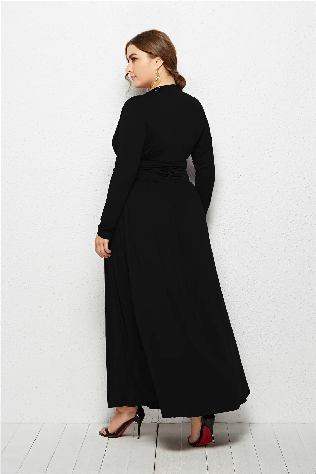 

Plus Size Autumn Deep V-neck Sexy Dress Women High Elastic Waist A-line Bottom Long Dresses Solid Big Swing Oversize Basic Dress