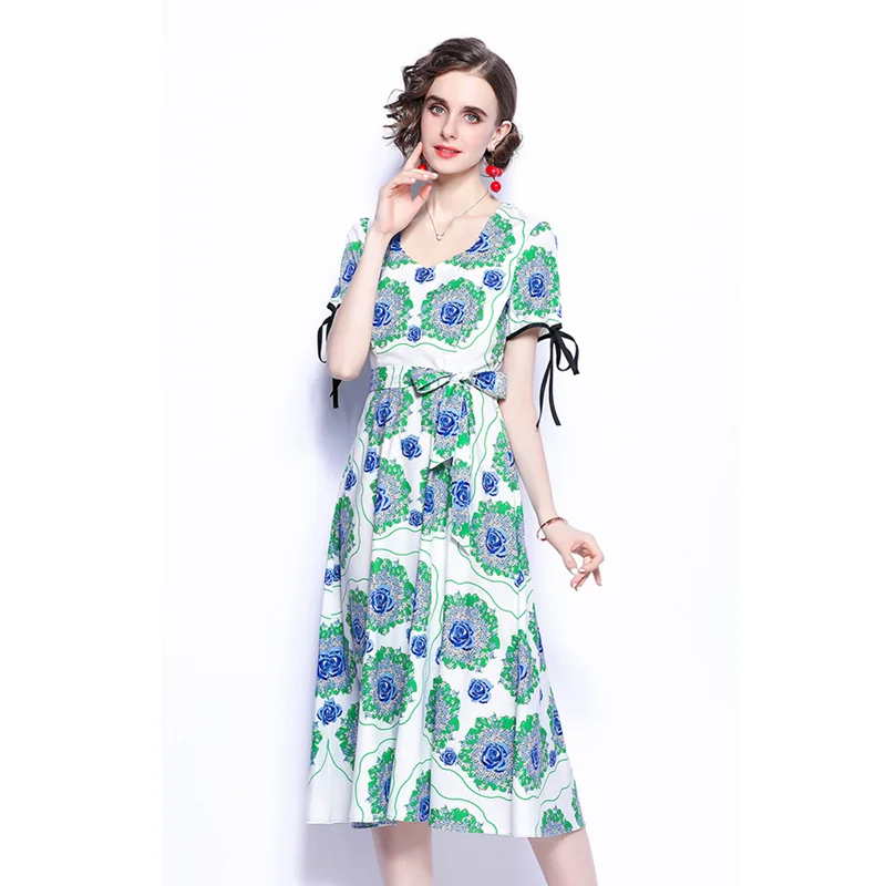 

Elegant blue rose belt dress for women lace-up short sleeve sleeve floral print summer fashion ladies party dress