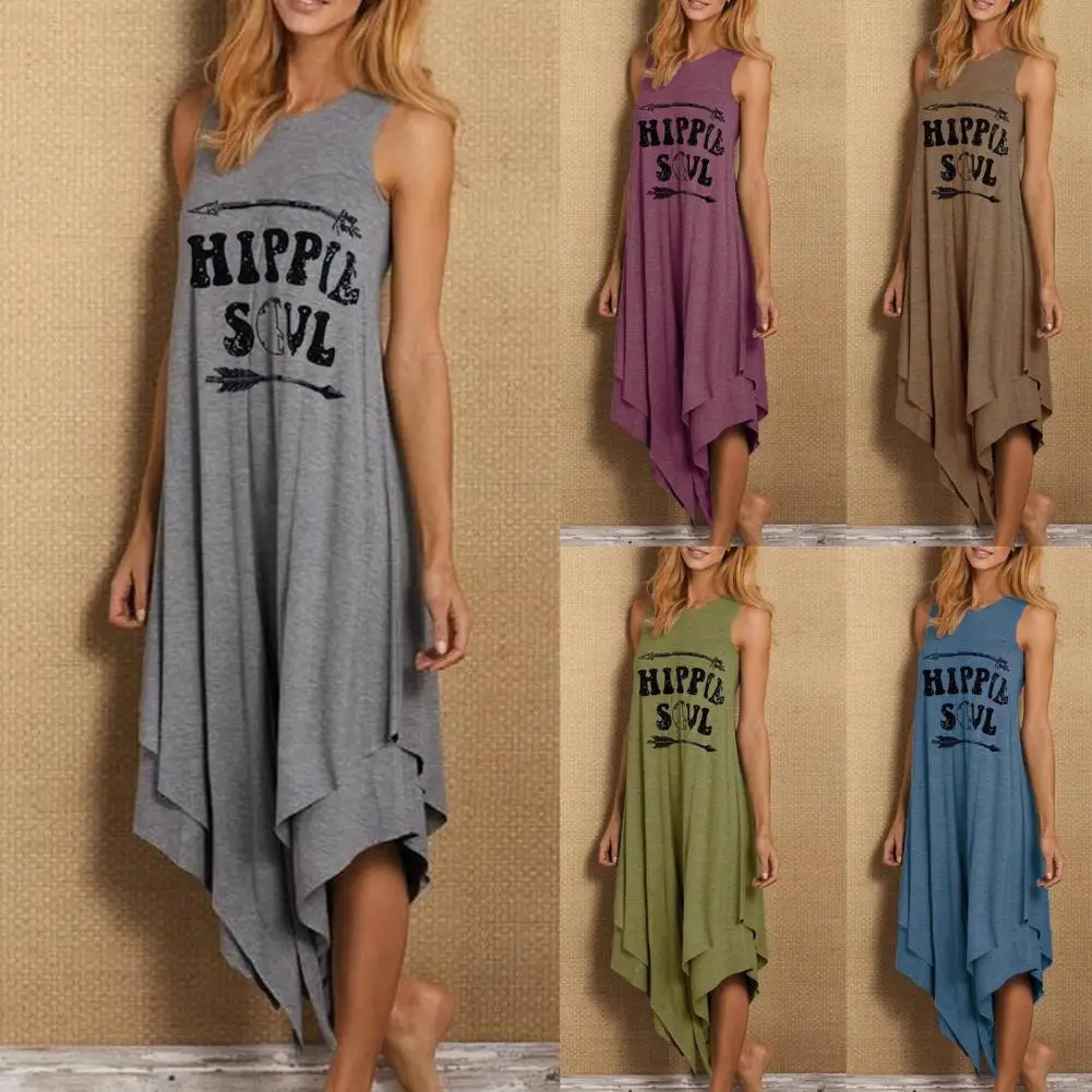 

Женское летнее платье с асимметричным подолом и круглым вырезом