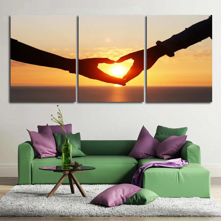 Современный дом Тройная любовь рука МУРАЛ С закатом раньше картина маслом холст