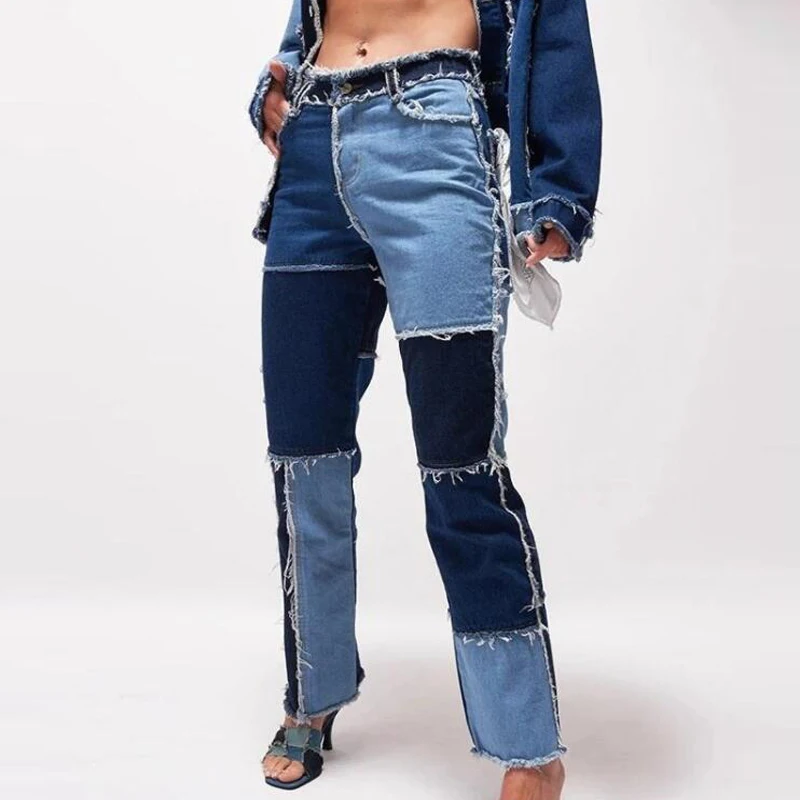 

QNPQYX New Patchwork Skinny Straight Leg Jeans Woman High Waist Denim Trousers Sexy Color Block Vintage Blue Streetwear Pants