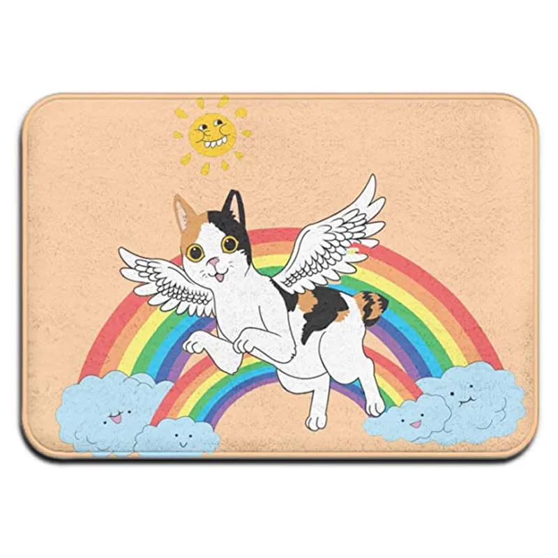 

Funny Cute Pet Flannel Bath Mat Non Slip Washable Cute Rainbow Angel Cat with Winged＆ Clouds ＆ Smile Sun Welcome Indoor Outdoor