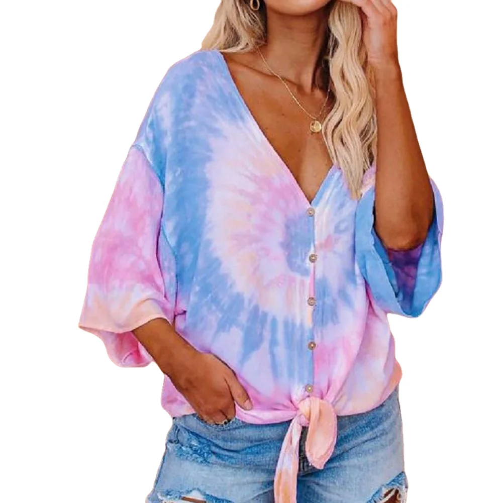 

Women V Neck Tie Dye T-shirts Tops Autumn Spring Female Fashion Half Sleeve Tie Front Hem Casual T-shirt Tops 2020 New Hot
