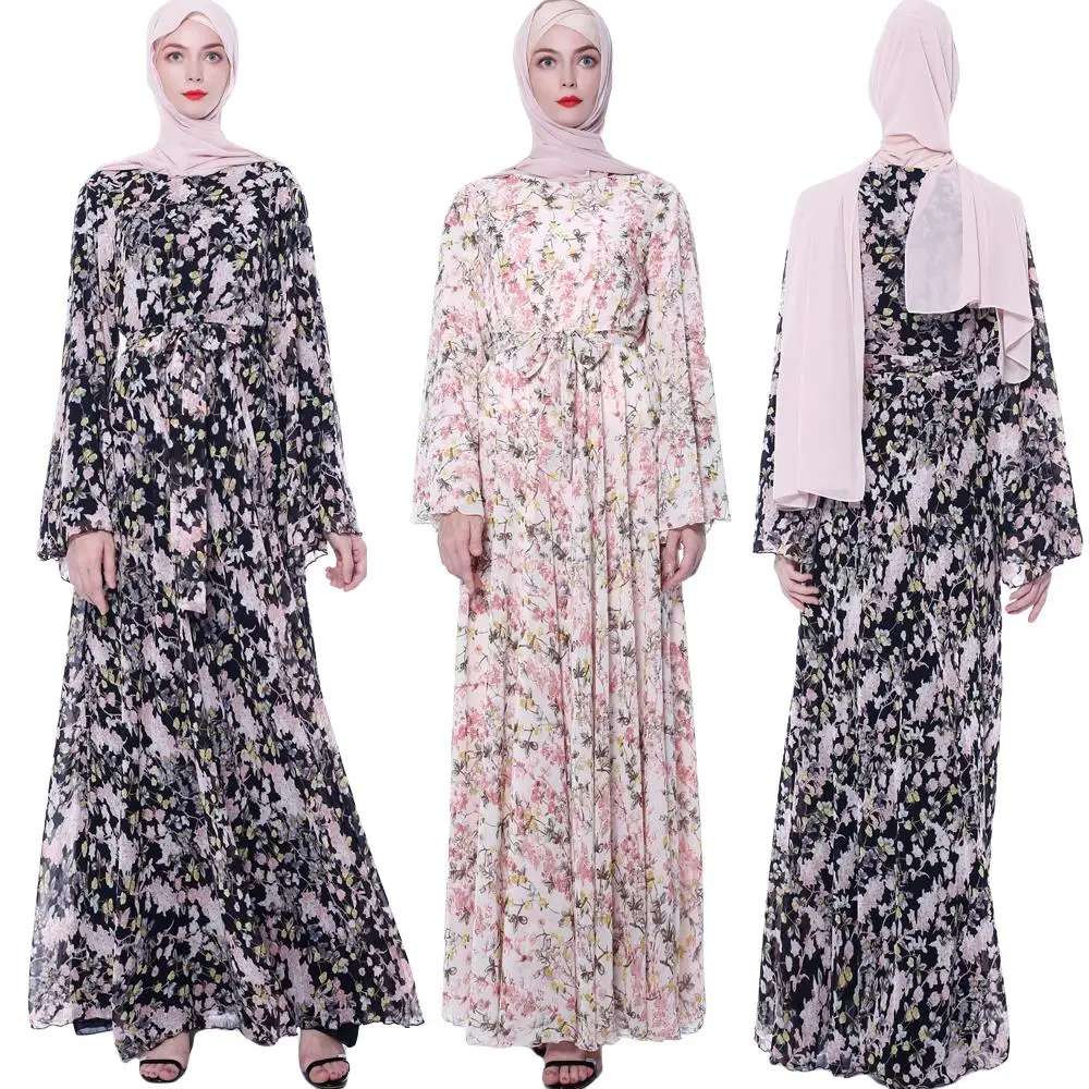 Женское шифоновое платье-макси Abaya, винтажное Свободное платье с цветочным принтом, с расклешенными рукавами