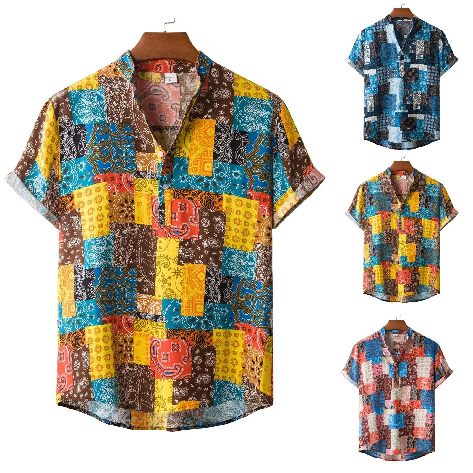 

Рубашка мужская с принтом, Повседневная Уличная одежда в этническом стиле, из хлопка и льна, гавайская блузка с короткими рукавами, топ с воротником-стойкой, 2023