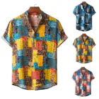 Рубашка мужская с принтом, Повседневная Уличная одежда в этническом стиле, из хлопка и льна, гавайская блузка с короткими рукавами, топ с воротником-стойкой, 2022