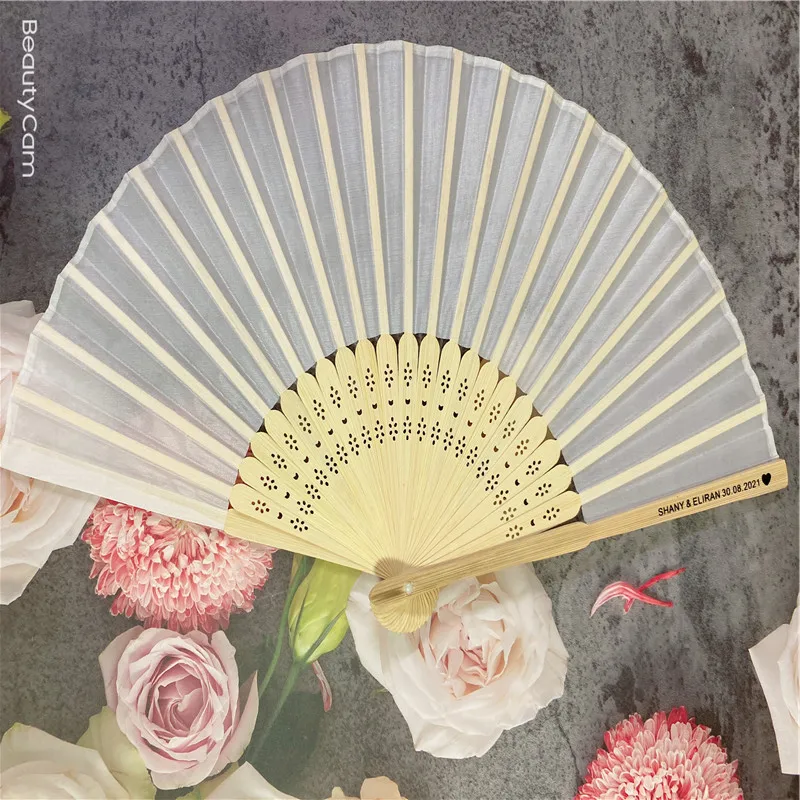 

50 pcs/lot Personalized Luxurious Silk Fold hand Fan in Elegant Laser-Cut Gift Box +Party Favors/wedding Gifts+printing