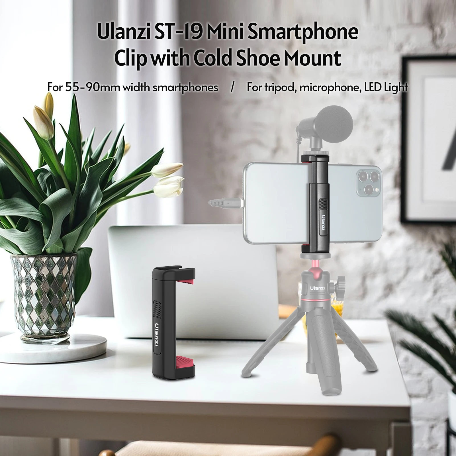 

Ulanzi Mini Clip Adjustable Phone Holder with Cold Shoe Mount 1/4 Inch Screw Hole for Smartphones Tripod Microphone LED Light