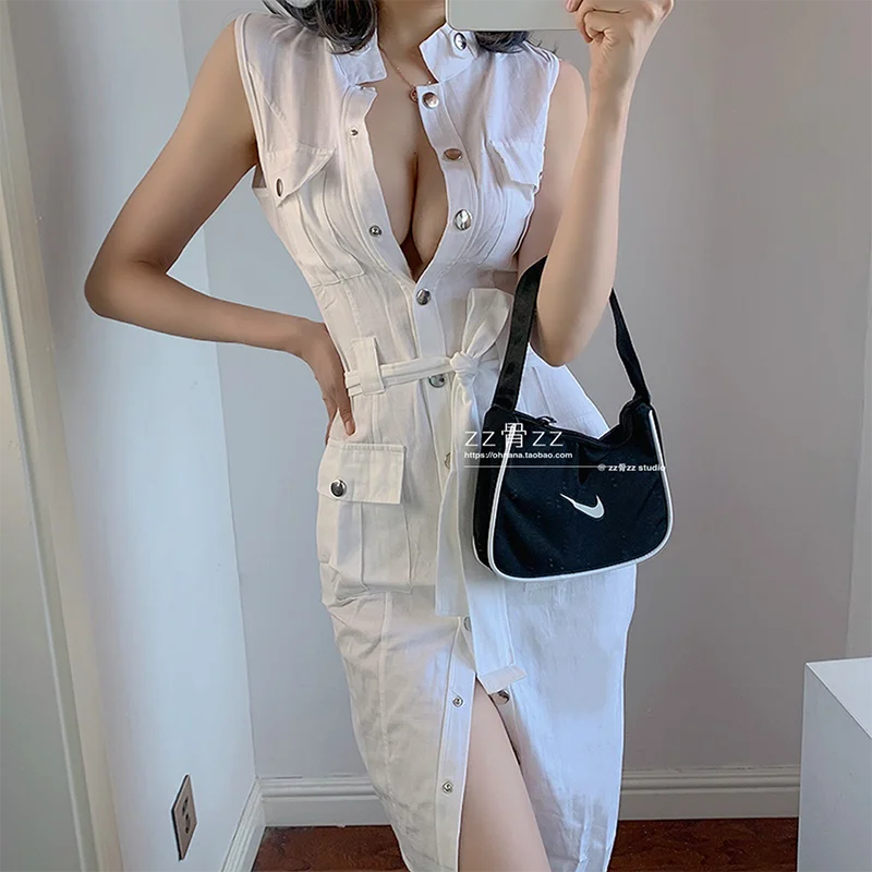 

XUXI Women Casual Single Button Dress, High Collar, Fashion, Solid Color, Lace, Sexy, Sleeveless, Large, Summer 2021 E838