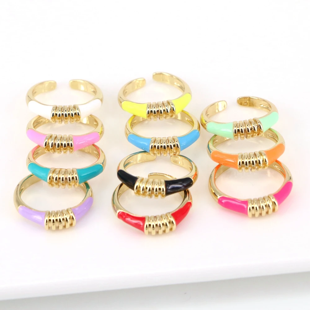 

10PCS, Candy Color Enamel Dripping Oil Zircon Ring For Women,Copper Gold Plated Adjustable Open Rings Party Jewelry Gift