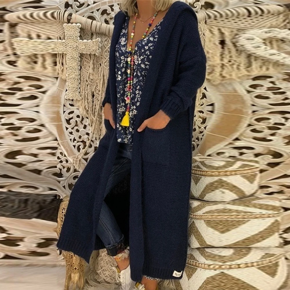 Женский длинный вязаный кардиган верхняя одежда с карманами и капюшоном осень 2019